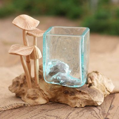 Alternate image for Hand Carved Wood and Glass Mushroom Sculpture Mushroom Patch