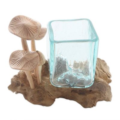 Alternate image for Hand Carved Wood and Glass Mushroom Sculpture Mushroom Patch