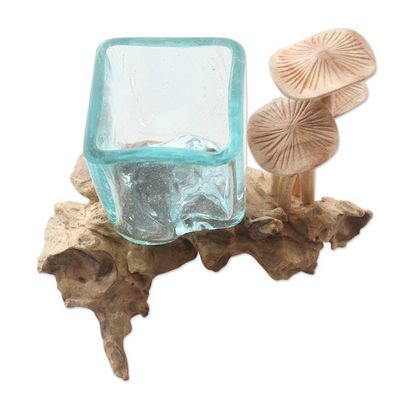Alternate image for Hand Carved Wood and Glass Mushroom Sculpture Mushroom Patch