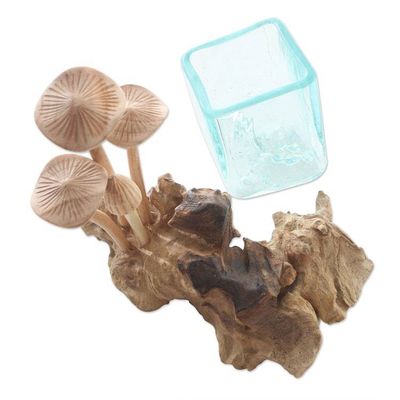 Alternate image for Hand Carved Wood and Glass Mushroom Sculpture Mushroom Patch