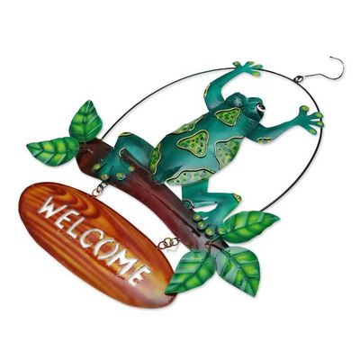 Alternate image for Handcrafted Frog-Themed Iron Welcome Sign from Bali Frogs Realm