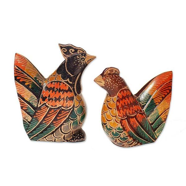 Alternate image for Set of 2 Batik Chicken-Shaped Pule Wood Figurines Couple Chicken