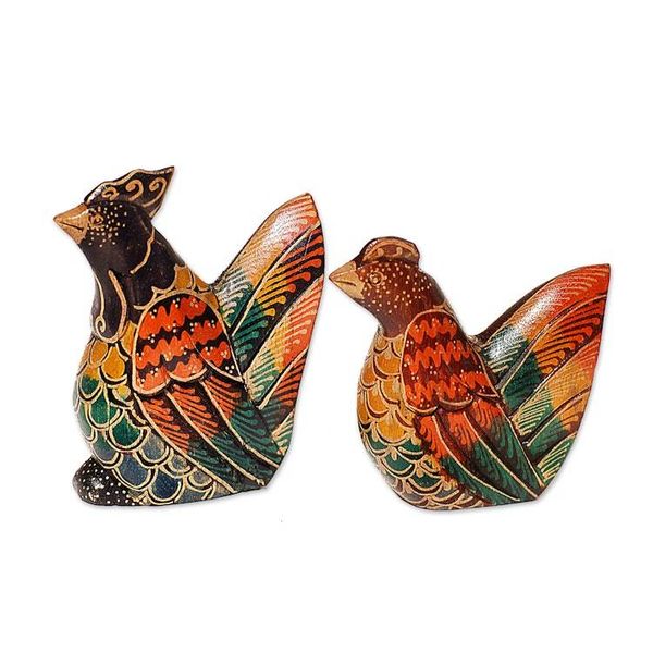 Alternate image for Set of 2 Batik Chicken-Shaped Pule Wood Figurines Couple Chicken