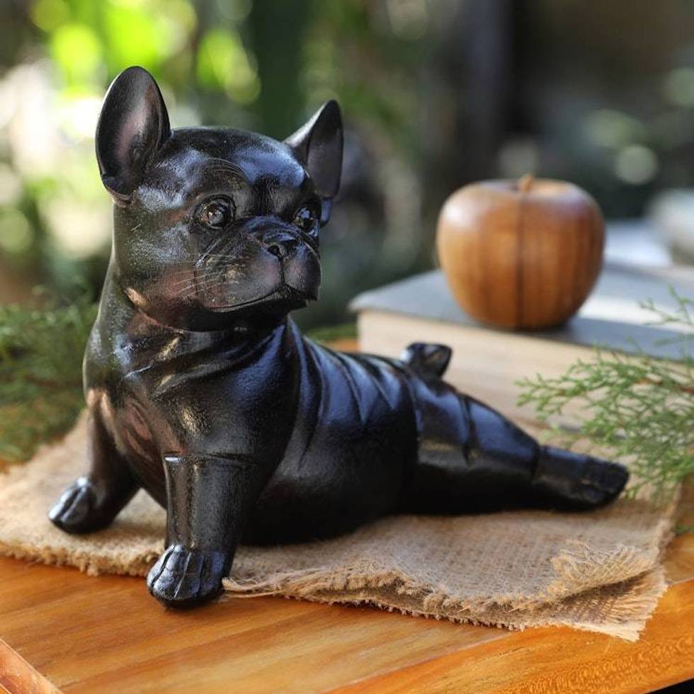 Hand-Painted Suar Wood Figurine of Stretching Black Bulldog 'Stretching Black Bulldog'