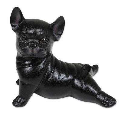 Alternate image for Hand-Painted Suar Wood Figurine of Stretching Black Bulldog Stretching Black Bulldog