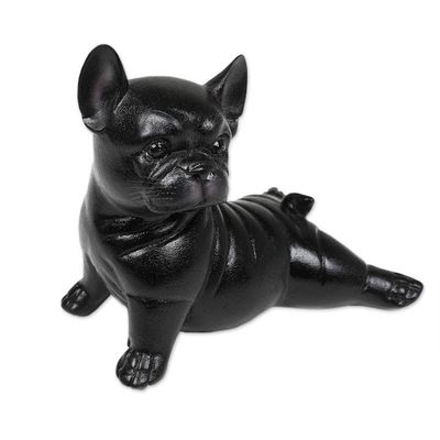 Alternate image for Hand-Painted Suar Wood Figurine of Stretching Black Bulldog Stretching Black Bulldog