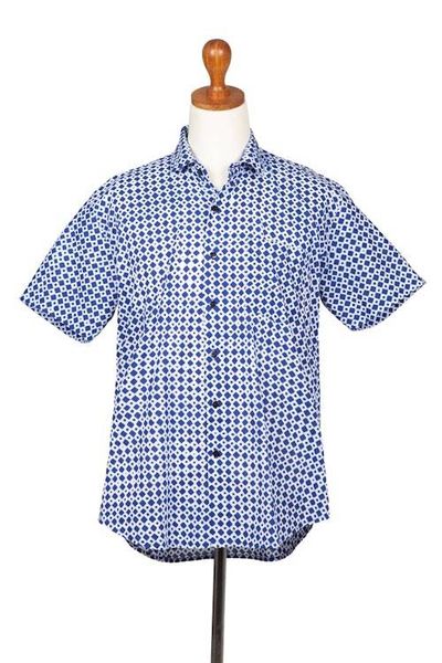 Alternate image for Mens Hand-Stamped Blue and White Cotton Shirt Blue Kites