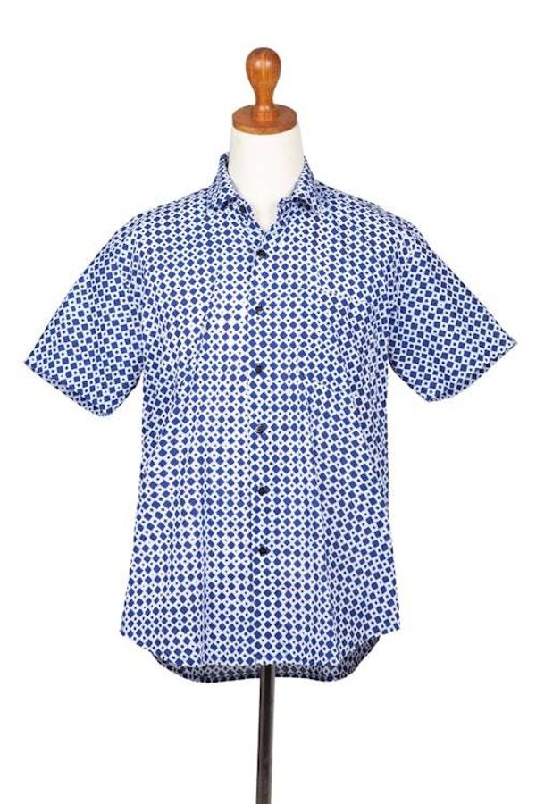 Alternate image for Mens Hand-Stamped Blue and White Cotton Shirt Blue Kites