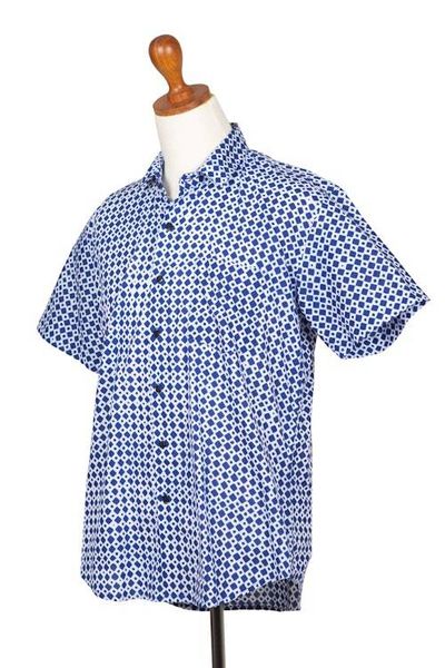 Alternate image for Mens Hand-Stamped Blue and White Cotton Shirt Blue Kites