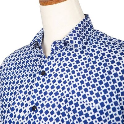 Alternate image for Mens Hand-Stamped Blue and White Cotton Shirt Blue Kites
