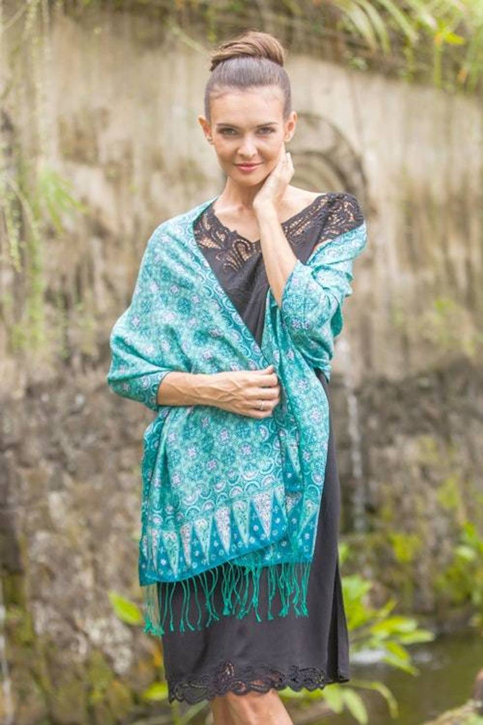 Blue and Green Traditional Hand-Stamped Batik Silk Shawl 'Kawung Biru'