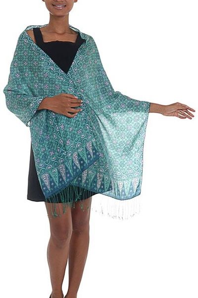Alternate image for Blue and Green Traditional Hand-Stamped Batik Silk Shawl Kawung Biru