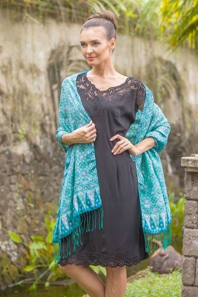 Alternate image for Blue and Green Traditional Hand-Stamped Batik Silk Shawl Kawung Biru