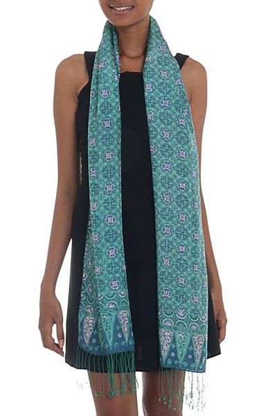 Alternate image for Blue and Green Traditional Hand-Stamped Batik Silk Shawl Kawung Biru