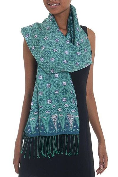 Alternate image for Blue and Green Traditional Hand-Stamped Batik Silk Shawl Kawung Biru