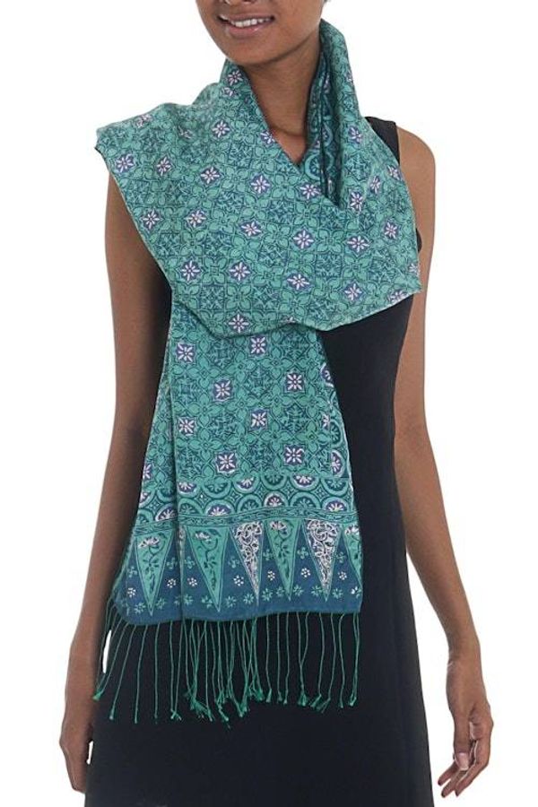 Alternate image for Blue and Green Traditional Hand-Stamped Batik Silk Shawl Kawung Biru