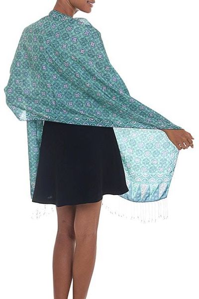 Alternate image for Blue and Green Traditional Hand-Stamped Batik Silk Shawl Kawung Biru