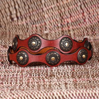 Alternate image for Antiqued Finished Metal and Red Leather Belt from Armenia Fiery Cores