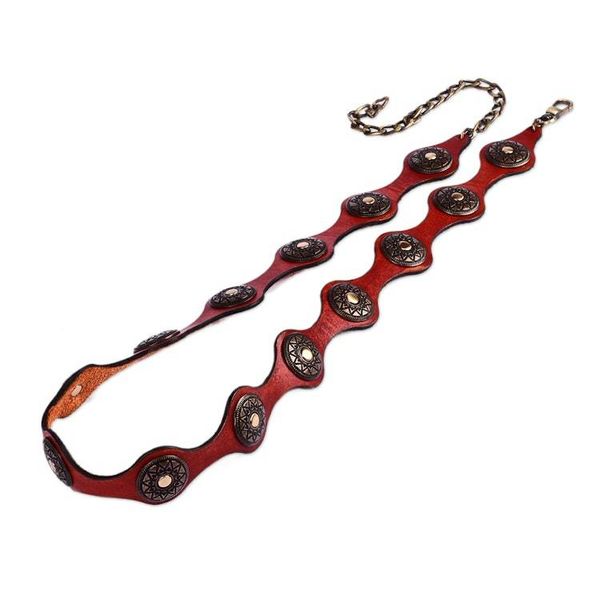 Alternate image for Antiqued Finished Metal and Red Leather Belt from Armenia Fiery Cores