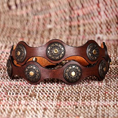 Alternate image for Antiqued Finished Metal and Brown Leather Belt from Armenia Magnificence Cores
