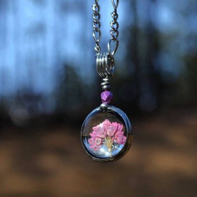 Alternate image for Real Dry Pressed Flower Necklace for Women, Dried Heather in Glass, Jewelry Gift