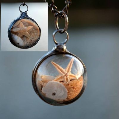 Alternate image for Beach Necklace Handmade Starfish Shaker Pendant with Sand and Seashell, Ocean Jewelry Gift