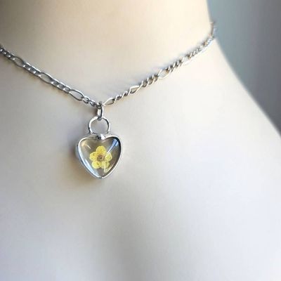 Alternate image for Pressed Flower Charm, Dainty Yellow Forget Me Not Heart Necklace, Teen Tween Gift
