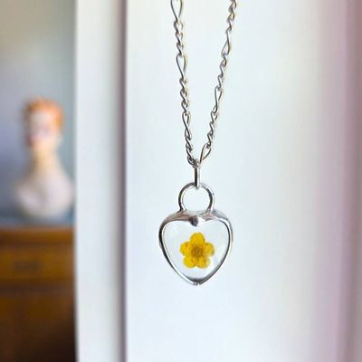 Alternate image for Pressed Flower Charm, Dainty Yellow Forget Me Not Heart Necklace, Teen Tween Gift
