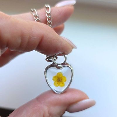 Alternate image for Pressed Flower Charm, Dainty Yellow Forget Me Not Heart Necklace, Teen Tween Gift