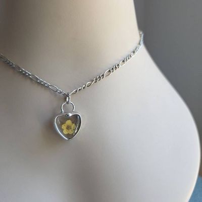 Alternate image for Pressed Flower Charm, Dainty Yellow Forget Me Not Heart Necklace, Teen Tween Gift