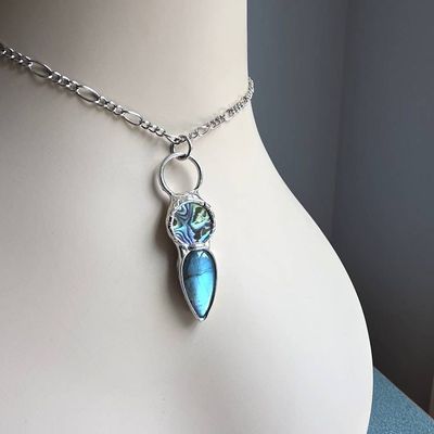 Alternate image for Abalone and Labradorite Necklace, Handmade Blue Green Stone Pendant, Artisan Jewelry