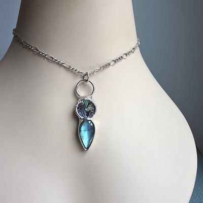 Alternate image for Abalone and Labradorite Necklace, Handmade Blue Green Stone Pendant, Artisan Jewelry