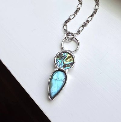 Alternate image for Abalone and Labradorite Necklace, Handmade Blue Green Stone Pendant, Artisan Jewelry