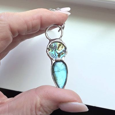 Alternate image for Abalone and Labradorite Necklace, Handmade Blue Green Stone Pendant, Artisan Jewelry