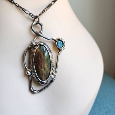 Alternate image for Tiger Eye and Labradorite Necklace, Handmade Mixed Stone Artisan Pendant, Statement Jewelry
