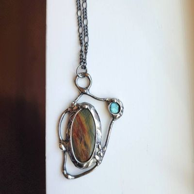 Alternate image for Tiger Eye and Labradorite Necklace, Handmade Mixed Stone Artisan Pendant, Statement Jewelry
