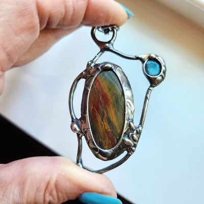 Alternate image for Tiger Eye and Labradorite Necklace, Handmade Mixed Stone Artisan Pendant, Statement Jewelry