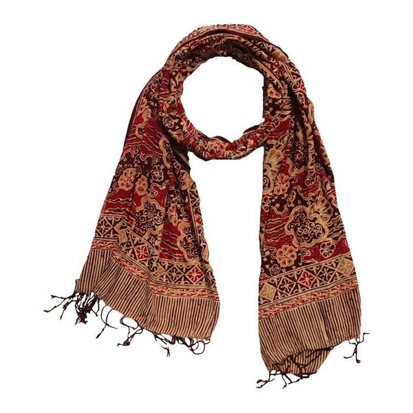 Alternate image for Handmade Batik Scarf, Soft Cotton, Sunlit Garden, Red Burgundy