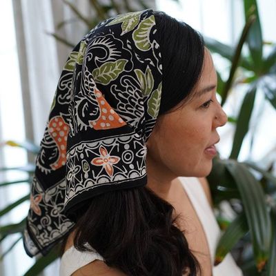 Main image for Hand Dyed Batik Bandana, 100% Soft Cotton, Dusk Petals, Black, Orange