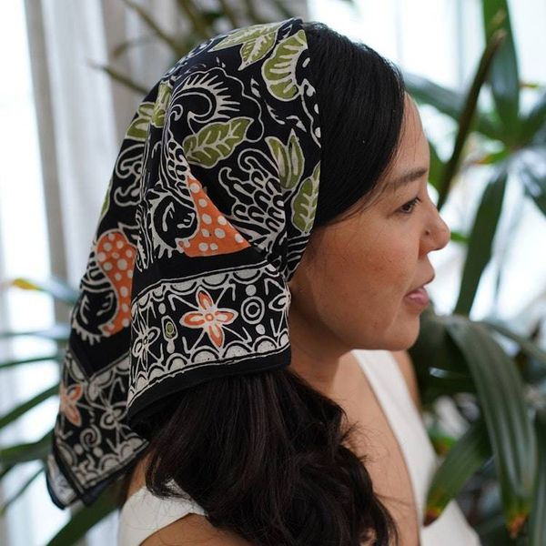 Alternate image for Hand Dyed Batik Bandana, 100% Soft Cotton, Dusk Petals, Black, Orange