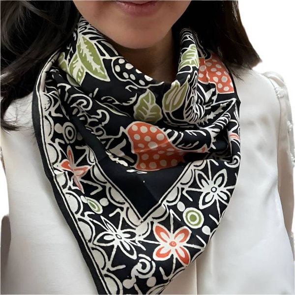 Alternate image for Hand Dyed Batik Bandana, 100% Soft Cotton, Dusk Petals, Black, Orange