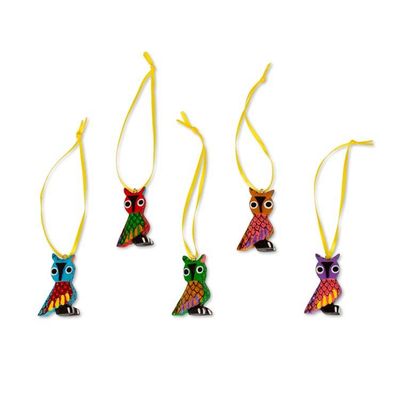 Alternate image for Painted Wood Alebrije Owl Ornaments Set of 5 from Mexico Sweet Owls