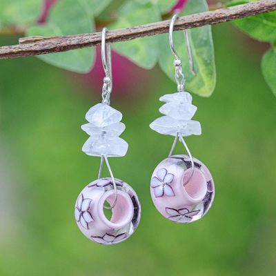 Primary image for Spring-Themed Glass and Quartz Pink Beaded Dangle Earrings Blooming Forever