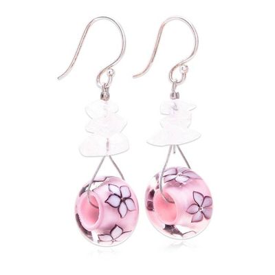 Alternate image for Spring-Themed Glass and Quartz Pink Beaded Dangle Earrings Blooming Forever