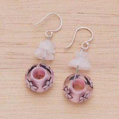 Alternate image for Spring-Themed Glass and Quartz Pink Beaded Dangle Earrings Blooming Forever