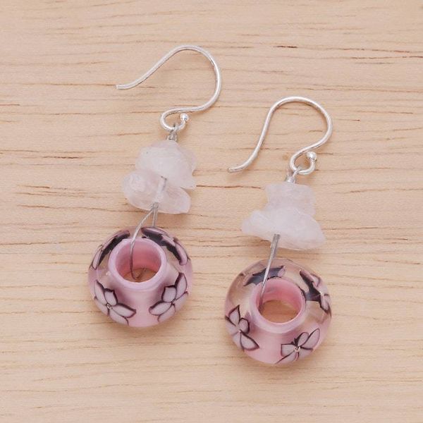 Alternate image for Spring-Themed Glass and Quartz Pink Beaded Dangle Earrings Blooming Forever