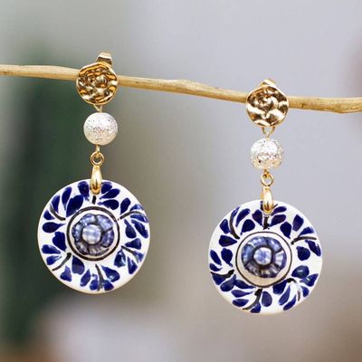 Primary image for Talavera-Inspired Floral 14k Gold-Accented Dangle Earrings Endless Blue