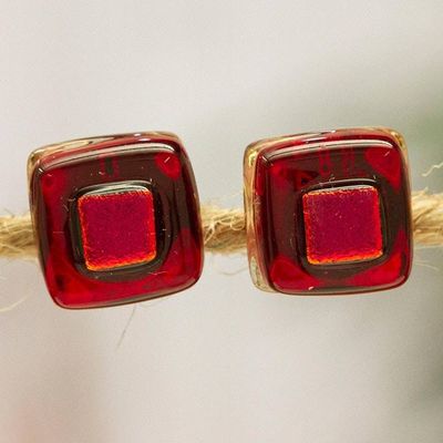 Alternate image for Red Fused Glass Mosaic Stud Earrings Handmade in Mexico Red Dichroic