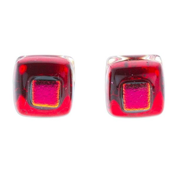 Alternate image for Red Fused Glass Mosaic Stud Earrings Handmade in Mexico Red Dichroic