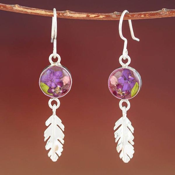 Alternate image for Sterling Silver and Dried Flower Dangle Earrings from Mexico Anahuac Violet